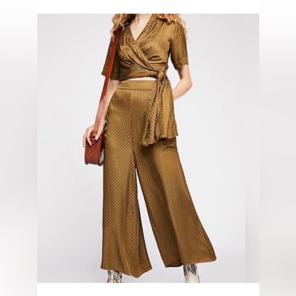 Free People 2 pc Set Mourning Dove Wrap Top Crop Wide Leg Pant Olive Green
